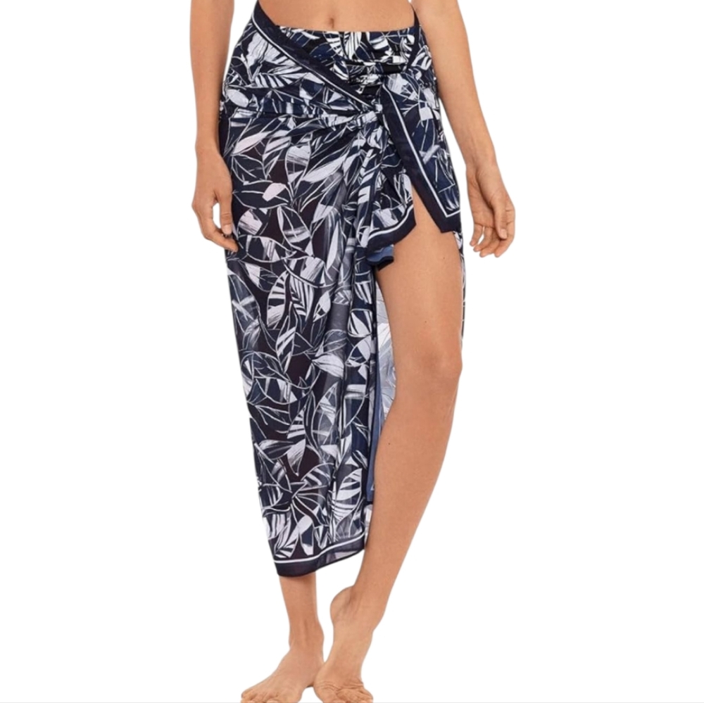 Women’s Navy Leaf Print Sarong Swim Cover-Up